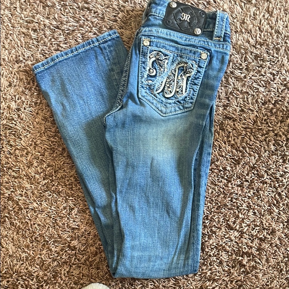 Miss Me Blue Boot Cut Jeans with Ornate Embellishments